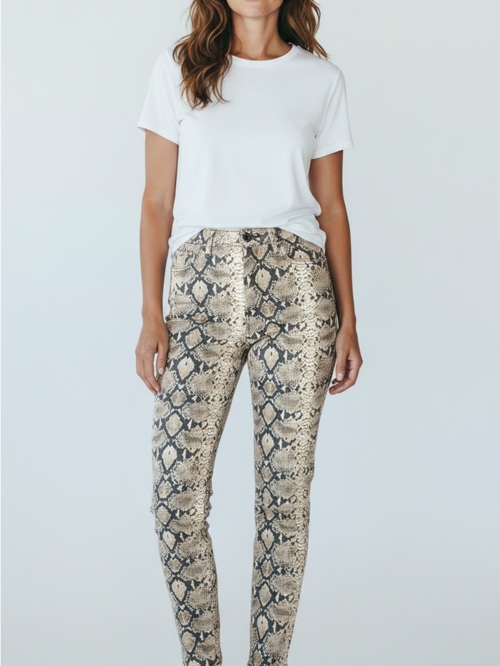Snake Print Slim Ankle Denim-like Pants - Beige/Brown
